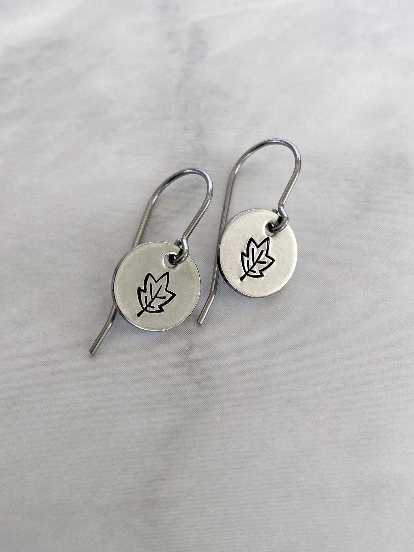 Autumn Leaves Earrings - Silver Leaf Jewelry - Stainless Steel Stamped Round Dangle Earrings - Silver Maple Earrings