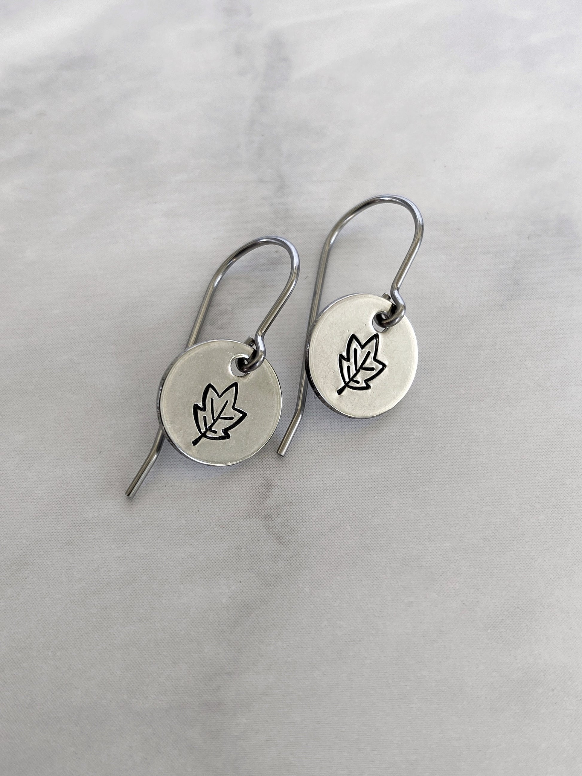 Autumn Leaves Earrings - Silver Leaf Jewelry - Stainless Steel Stamped Round Dangle Earrings - Silver Maple Earrings