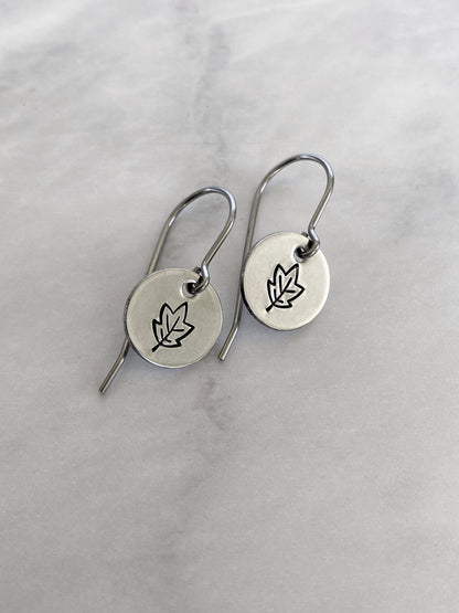 Autumn Leaves Earrings - Silver Leaf Jewelry - Stainless Steel Stamped Round Dangle Earrings - Silver Maple Earrings