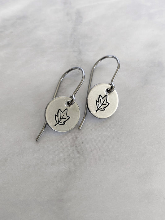 Autumn Leaves Earrings - Silver Leaf Jewelry - Stainless Steel Stamped Round Dangle Earrings - Silver Maple Earrings