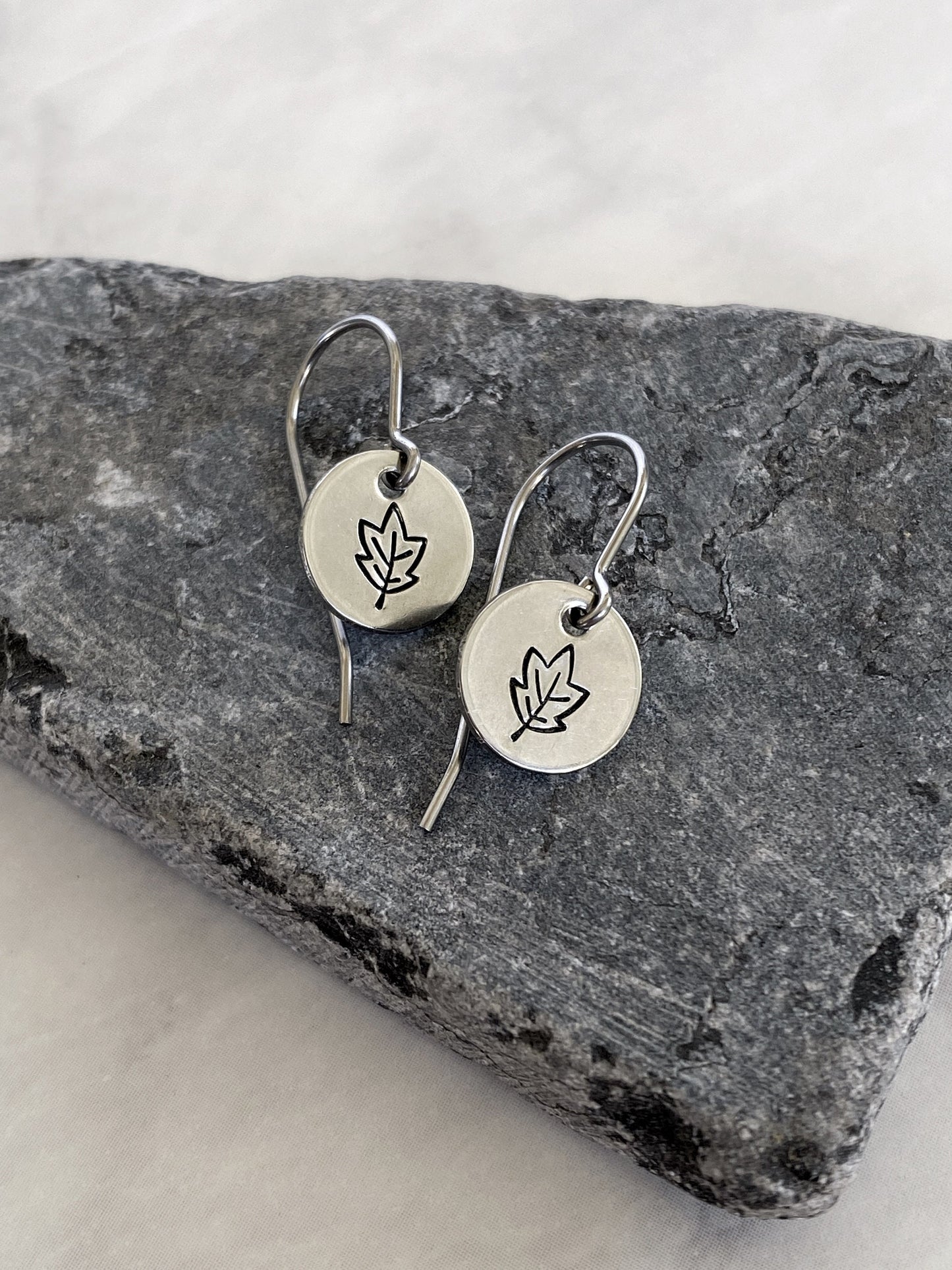Autumn Leaves Earrings - Silver Leaf Jewelry - Stainless Steel Stamped Round Dangle Earrings - Silver Maple Earrings
