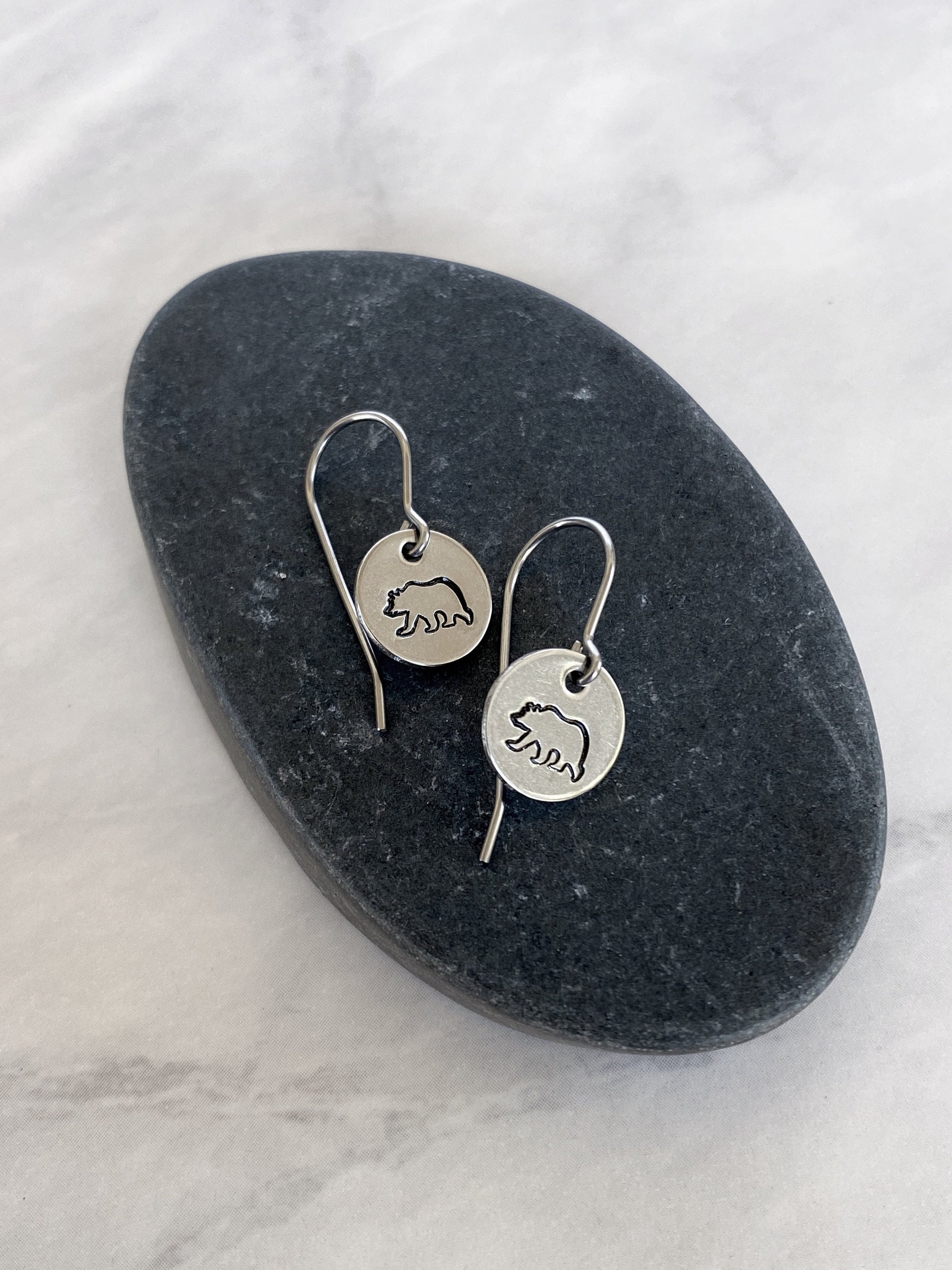 Bear Earrings - Stainless Steel Stamped Round Dangle Earrings with Bear Silhouette - Hiker Gift - Silver Bear Jewelry