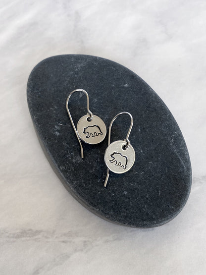 Bear Earrings - Stainless Steel Stamped Round Dangle Earrings with Bear Silhouette - Hiker Gift - Silver Bear Jewelry