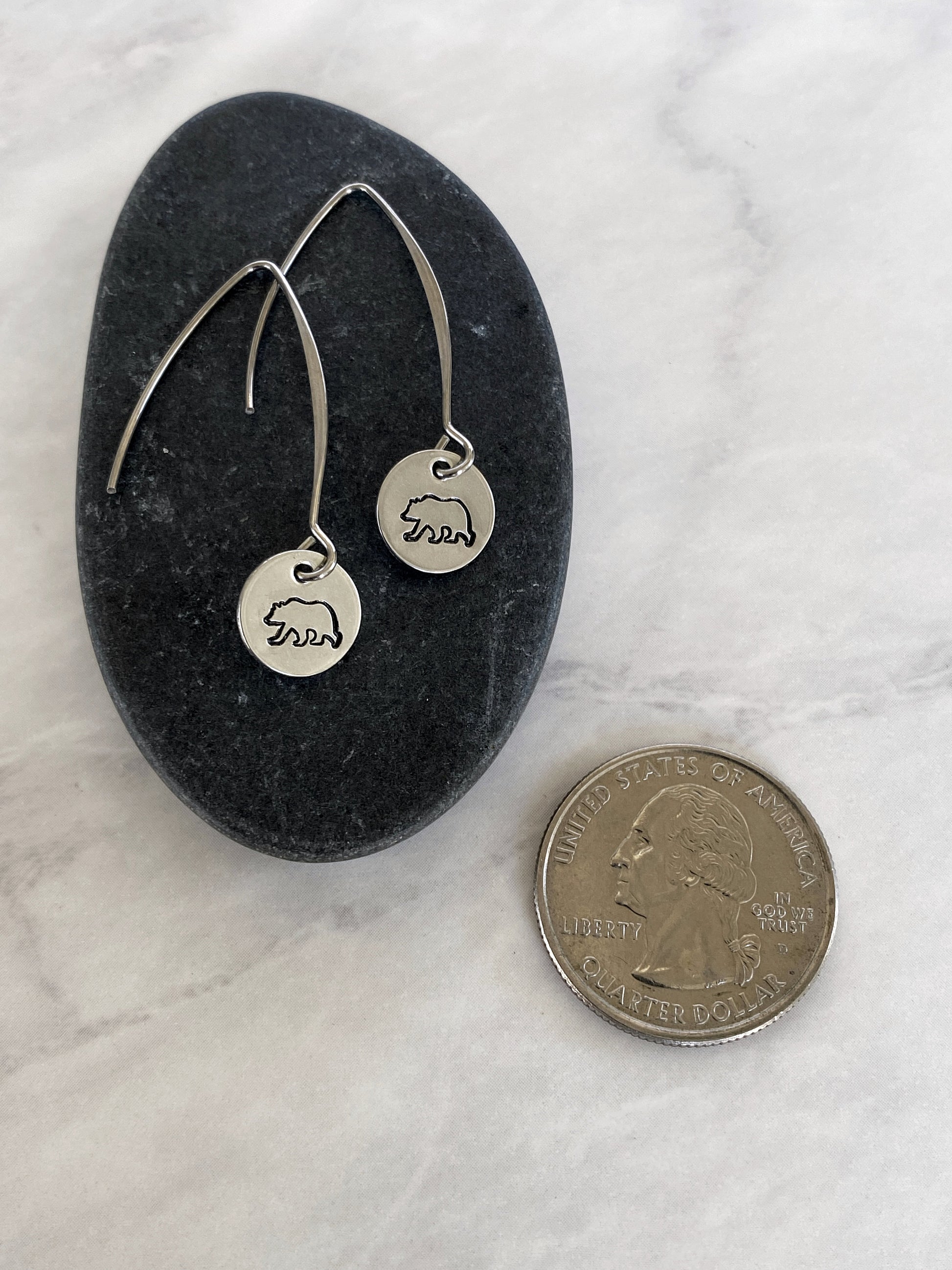 Drop Bear Silhouette Earrings - Bear Earrings - Stainless Steel Stamped Round Dangle Earrings - Silver Bear Jewelry