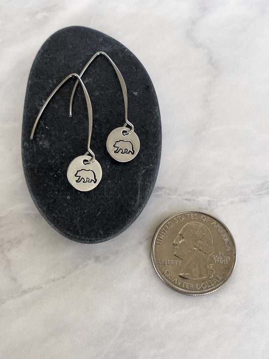 Drop Bear Silhouette Earrings - Bear Earrings - Stainless Steel Stamped Round Dangle Earrings - Silver Bear Jewelry