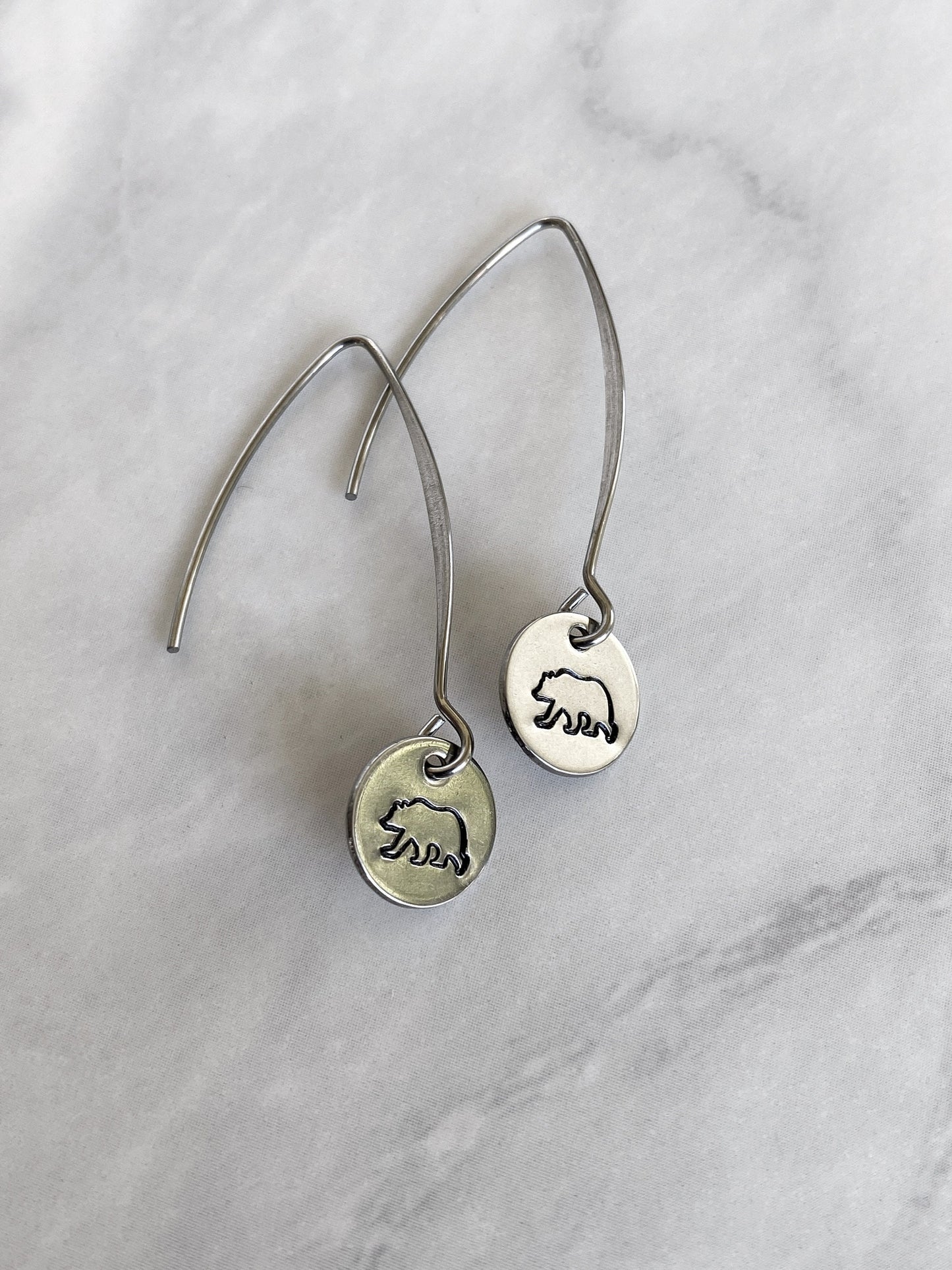 Drop Bear Silhouette Earrings - Bear Earrings - Stainless Steel Stamped Round Dangle Earrings - Silver Bear Jewelry