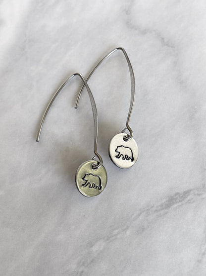 Drop Bear Silhouette Earrings - Bear Earrings - Stainless Steel Stamped Round Dangle Earrings - Silver Bear Jewelry