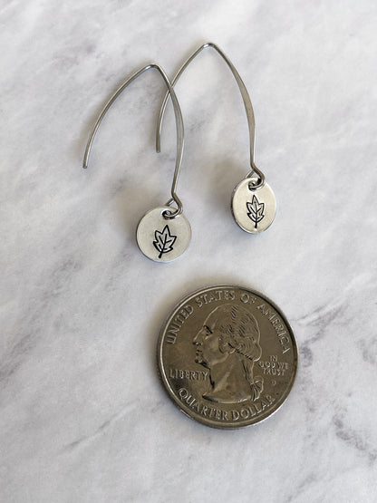 Drop Autumn Leaves Earrings - Leaf Earrings - Stainless Steel Stamped Round Dangle Earrings - Silver Leaf Jewelry