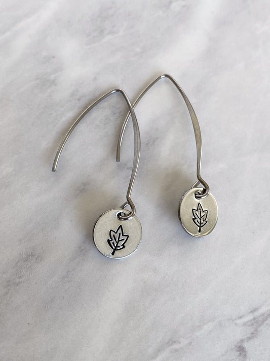 Drop Autumn Leaves Earrings - Leaf Earrings - Stainless Steel Stamped Round Dangle Earrings - Silver Leaf Jewelry