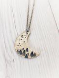 Ellie B's Creations - Crescent Moon Necklace - Silver Trees and Stars Necklace - Hand Stamped Nature Necklace - Moon and Trees Pendant