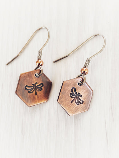 Ellie B's Creations - Copper Hexagon Dragonfly Earrings - Dragonfly Dangle Earrings - Hand Stamped Earrings  - Minimalist Dragonfly Earrings