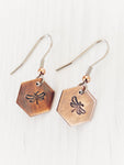 Ellie B's Creations - Copper Hexagon Dragonfly Earrings - Dragonfly Dangle Earrings - Hand Stamped Earrings  - Minimalist Dragonfly Earrings