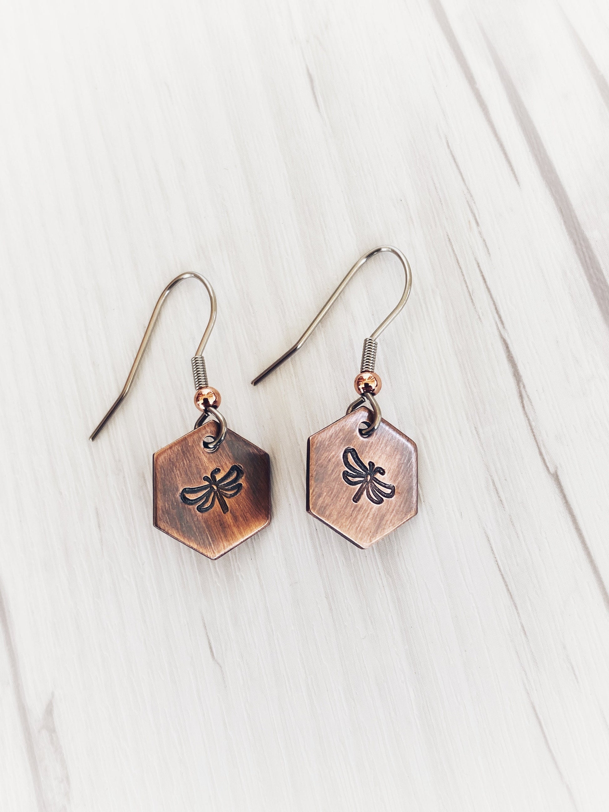 Ellie B's Creations - Copper Hexagon Dragonfly Earrings - Dragonfly Dangle Earrings - Hand Stamped Earrings  - Minimalist Dragonfly Earrings