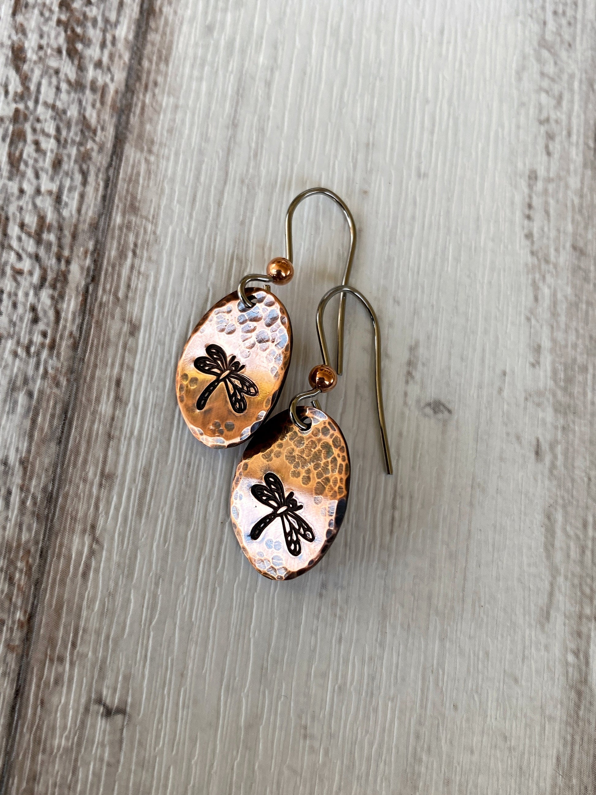 Oval Copper Dragonfly Earrings - Hammered Dragonfly Earrings - Dragonfly Jewelry - Boho Dragonfly Earrings -  Rustic Dragonfly Earrings