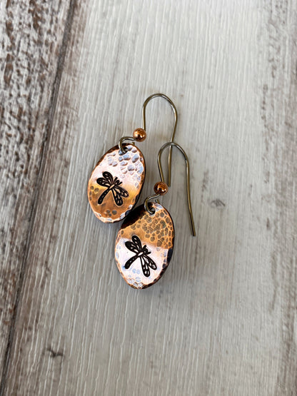 Oval Copper Dragonfly Earrings - Hammered Dragonfly Earrings - Dragonfly Jewelry - Boho Dragonfly Earrings -  Rustic Dragonfly Earrings