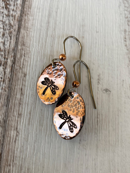 Oval Copper Dragonfly Earrings - Hammered Dragonfly Earrings - Dragonfly Jewelry - Boho Dragonfly Earrings -  Rustic Dragonfly Earrings