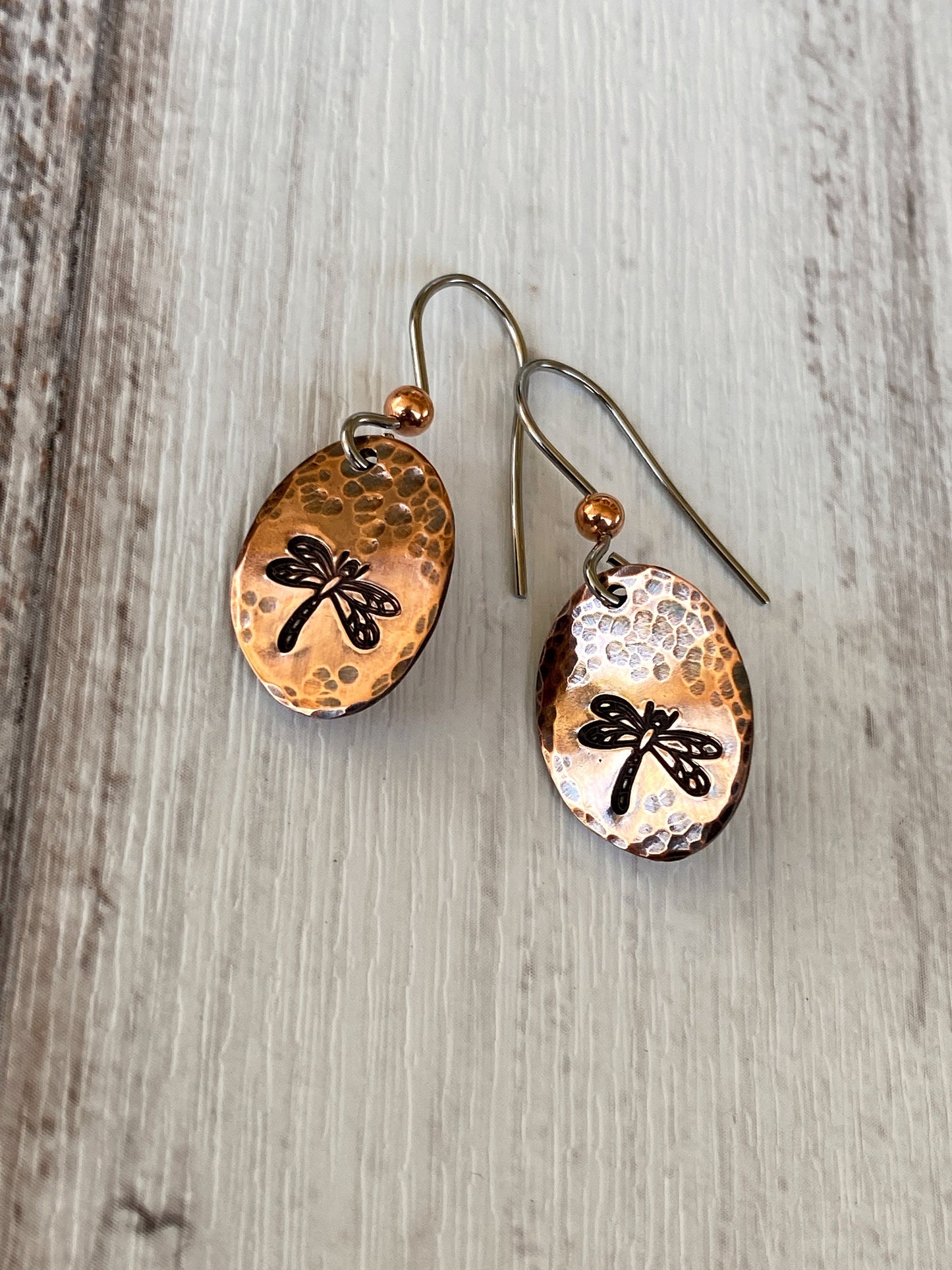 Oval Copper Dragonfly Earrings - Hammered Dragonfly Earrings - Dragonfly Jewelry - Boho Dragonfly Earrings -  Rustic Dragonfly Earrings