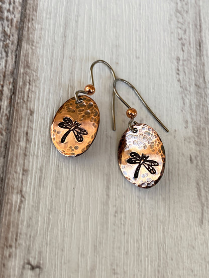 Oval Copper Dragonfly Earrings - Hammered Dragonfly Earrings - Dragonfly Jewelry - Boho Dragonfly Earrings -  Rustic Dragonfly Earrings