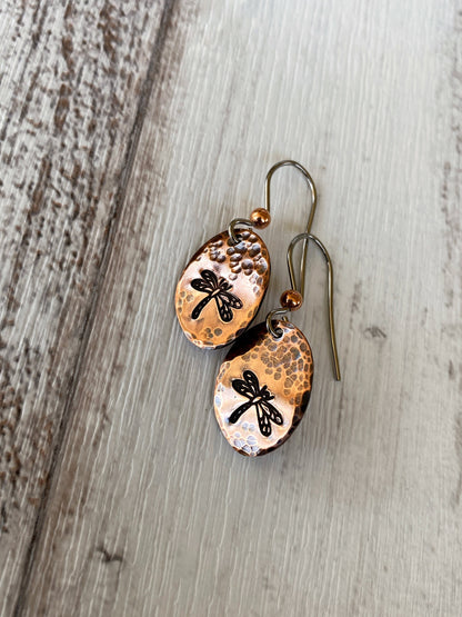 Oval Copper Dragonfly Earrings - Hammered Dragonfly Earrings - Dragonfly Jewelry - Boho Dragonfly Earrings -  Rustic Dragonfly Earrings