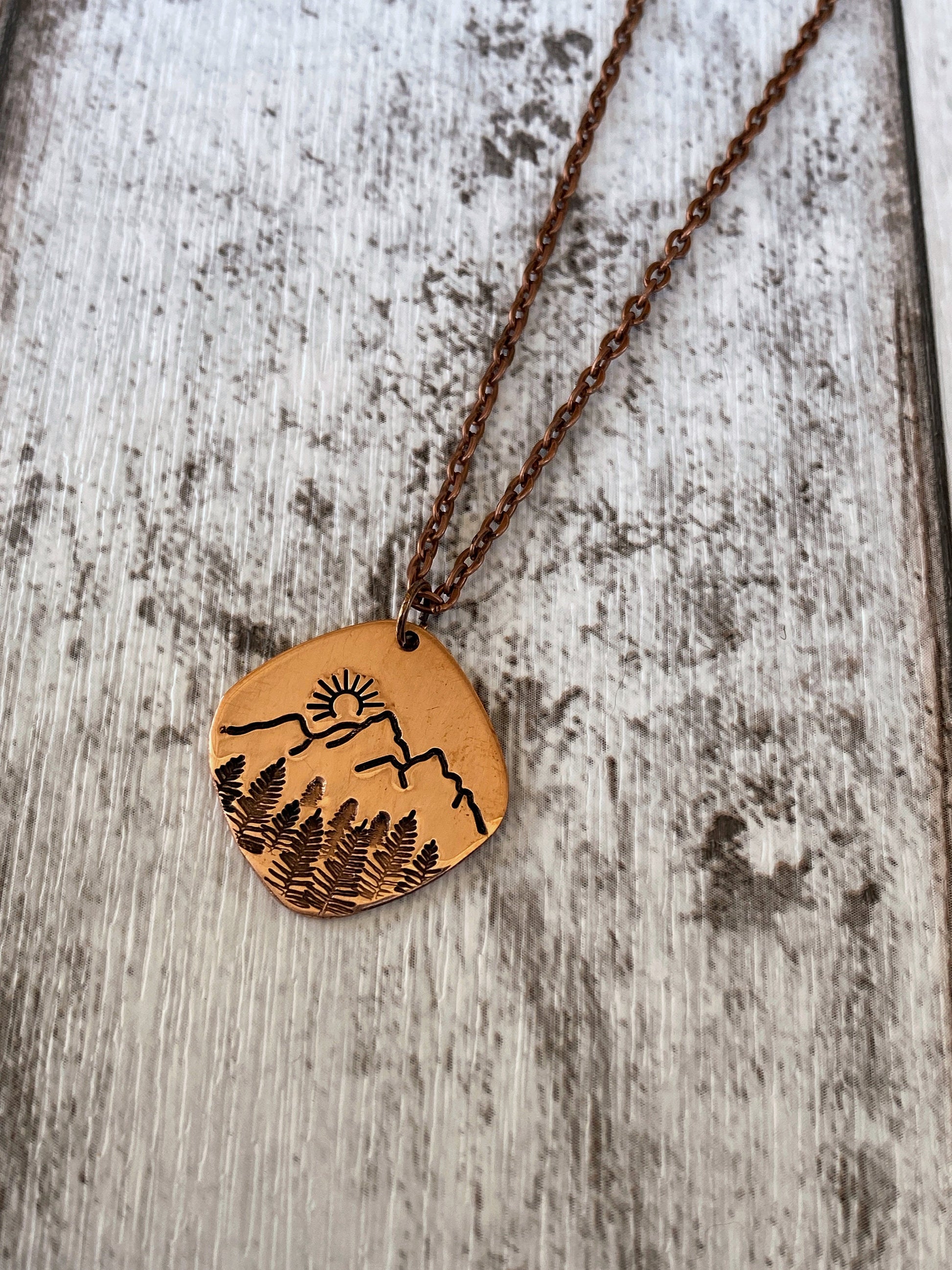 Square Forest Sunrise Copper Necklace - Copper Mountains Pendant - Sunrise over Mountains Pendant - Copper Statement Nature Necklace