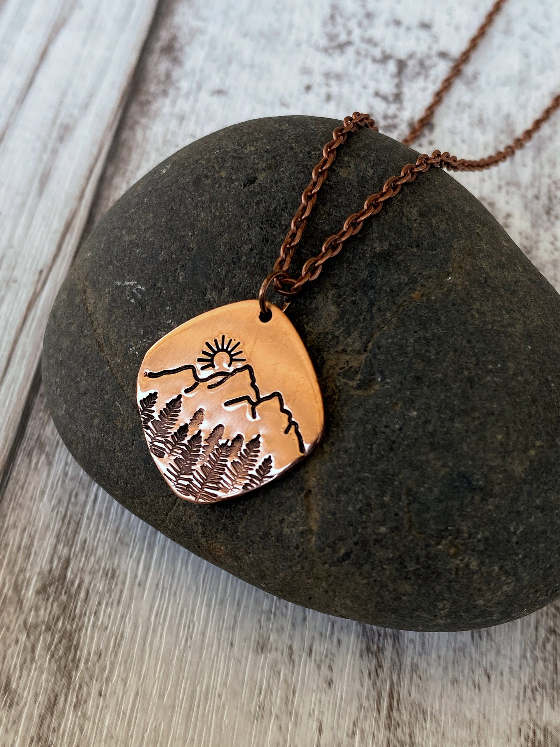 Square Forest Sunrise Copper Necklace - Copper Mountains Pendant - Sunrise over Mountains Pendant - Copper Statement Nature Necklace
