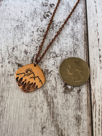 MANZHEN Tiny Mountain Forest Pendant Necklace - Stainless Steel, 18+2 Inch Chain, Nature Theme