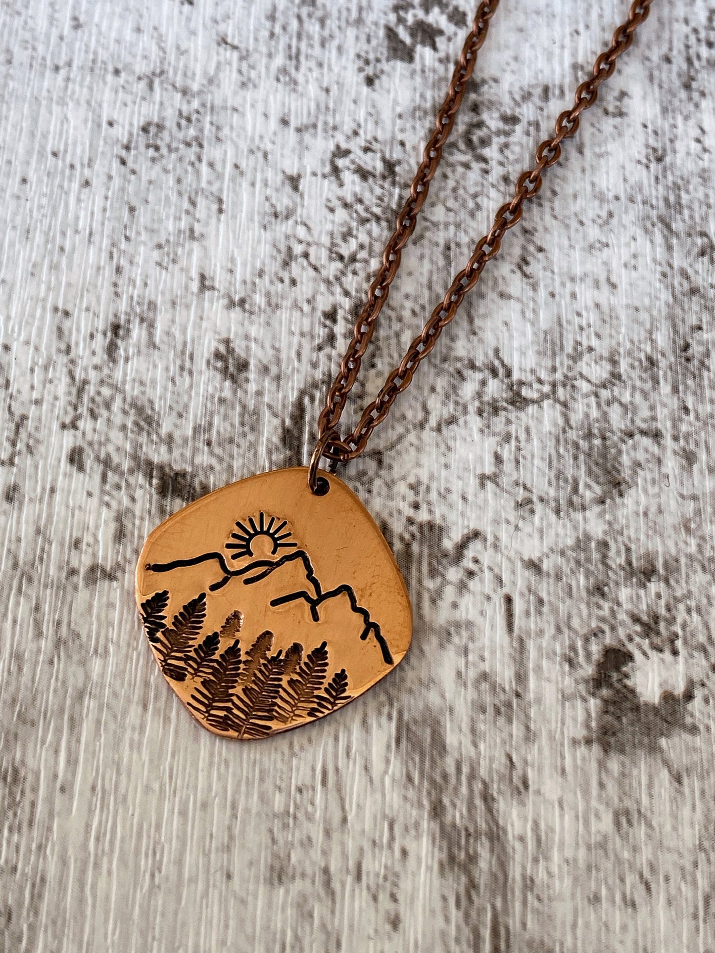 Square Forest Sunrise Copper Necklace - Copper Mountains Pendant - Sunrise over Mountains Pendant - Copper Statement Nature Necklace
