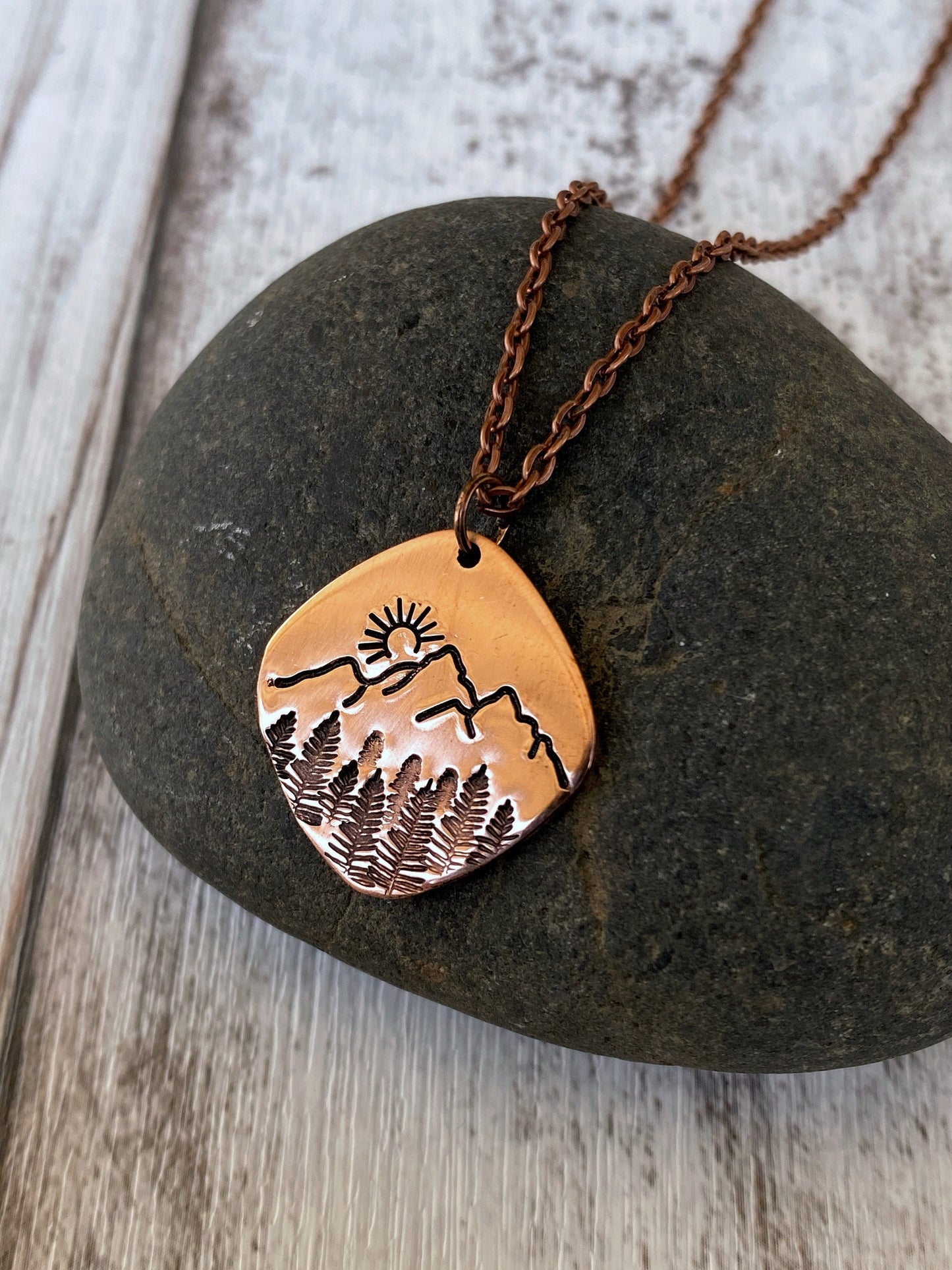 Square Forest Sunrise Copper Necklace - Copper Mountains Pendant - Sunrise over Mountains Pendant - Copper Statement Nature Necklace
