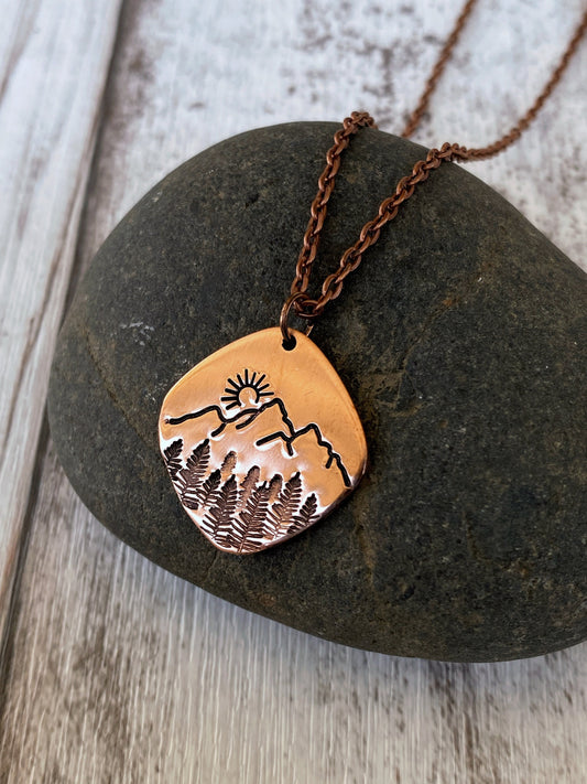 Square Forest Sunrise Copper Necklace - Copper Mountains Pendant - Sunrise over Mountains Pendant - Copper Statement Nature Necklace