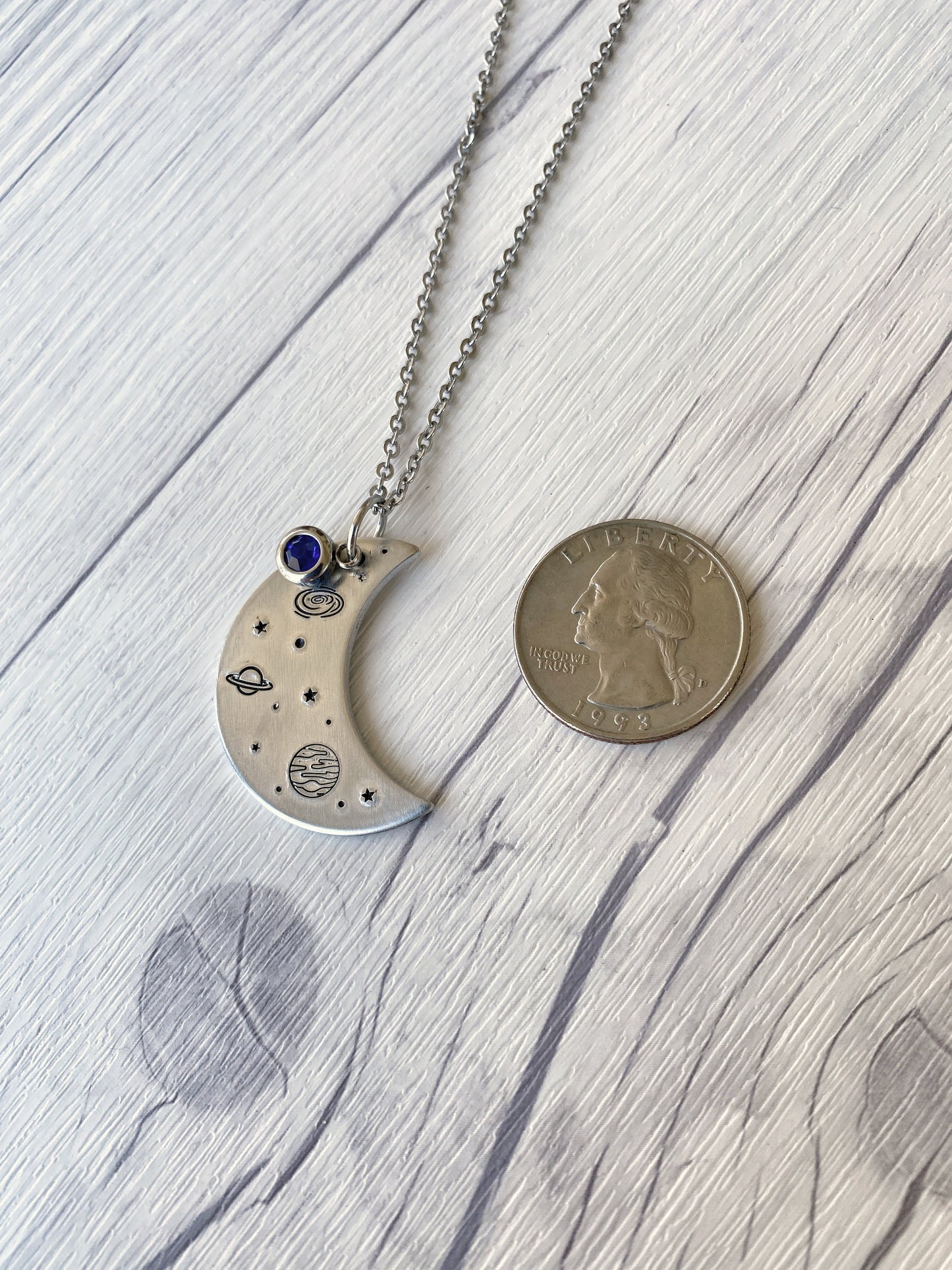 Ellie B's Creations - Galaxy Necklace - Silver Planets and Stars Necklace - Hand Stamped Space Necklace - Moon and Stars Pendant