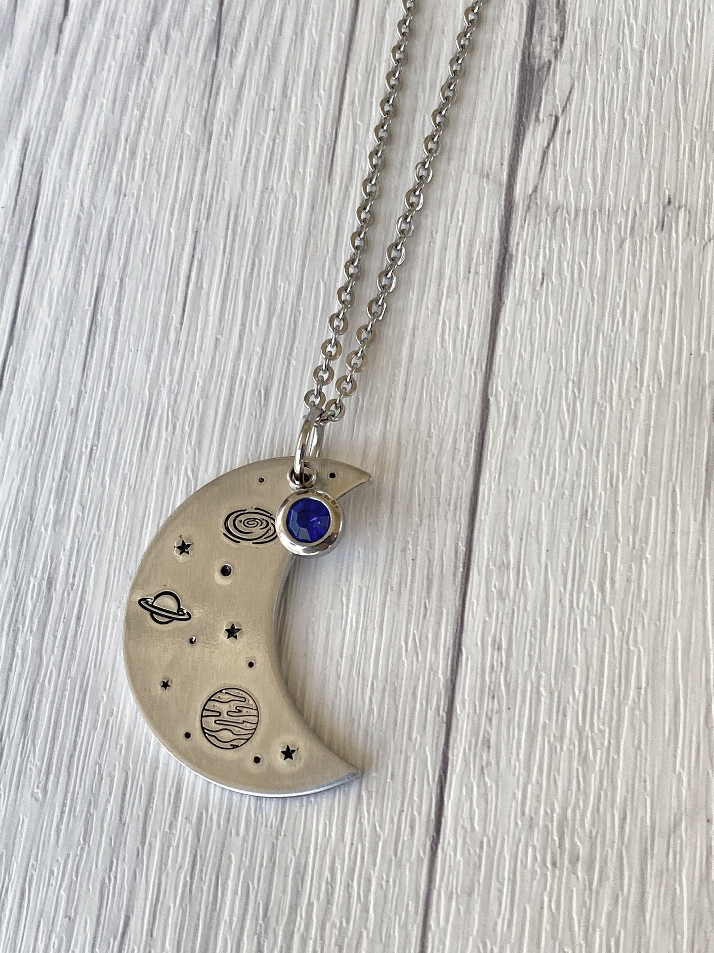 Ellie B's Creations - Galaxy Necklace - Silver Planets and Stars Necklace - Hand Stamped Space Necklace - Moon and Stars Pendant