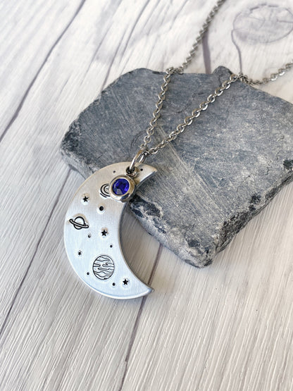 Ellie B's Creations - Galaxy Necklace - Silver Planets and Stars Necklace - Hand Stamped Space Necklace - Moon and Stars Pendant