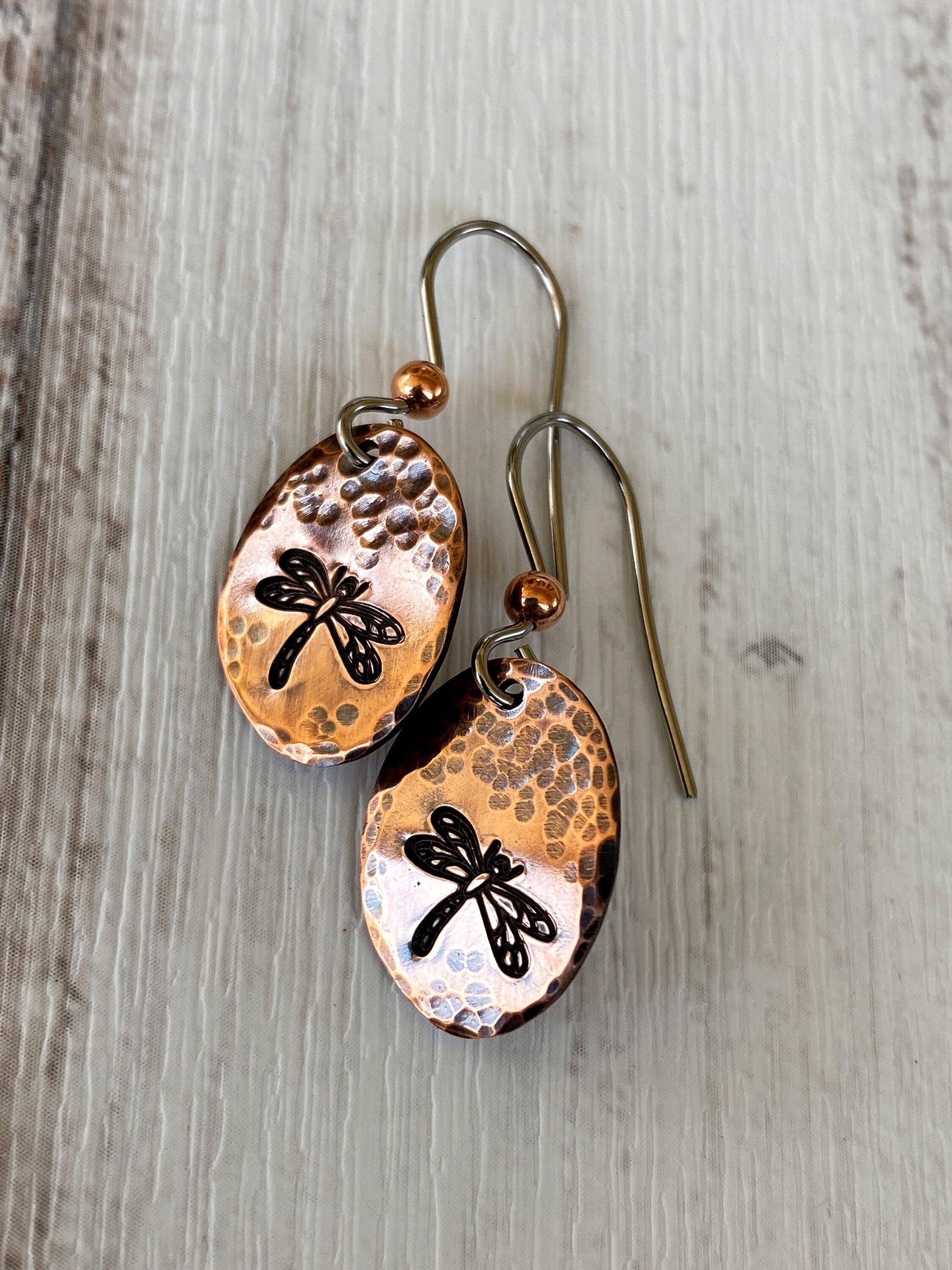 Oval Copper Dragonfly Earrings - Hammered Dragonfly Earrings - Dragonfly Jewelry - Boho Dragonfly Earrings -  Rustic Dragonfly Earrings