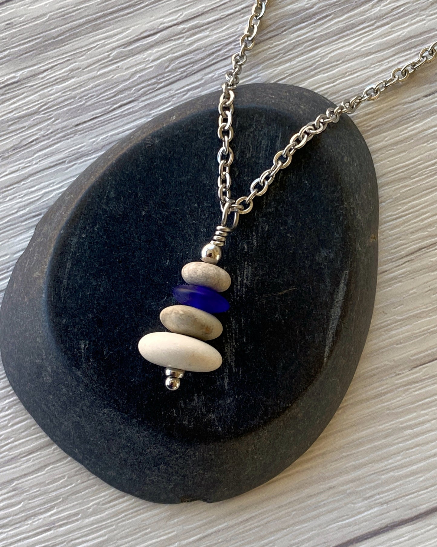 4 Stone Beige & Blue Flat Pebble Cairn Necklace - Blue Glass Pebble Necklace - Stainless Steel Beach Stone Necklace - Stacked Rock Necklace