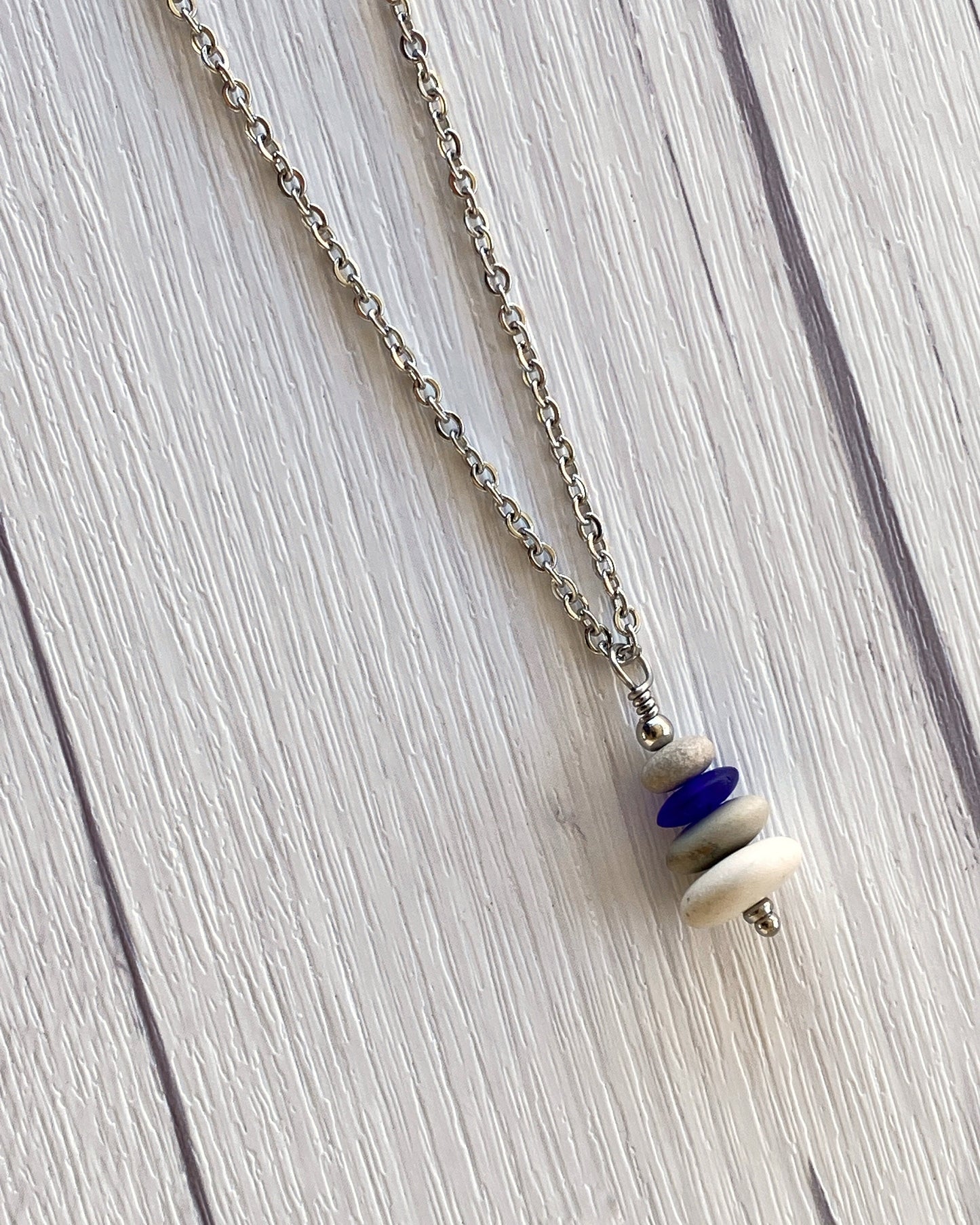 4 Stone Beige & Blue Flat Pebble Cairn Necklace - Blue Glass Pebble Necklace - Stainless Steel Beach Stone Necklace - Stacked Rock Necklace
