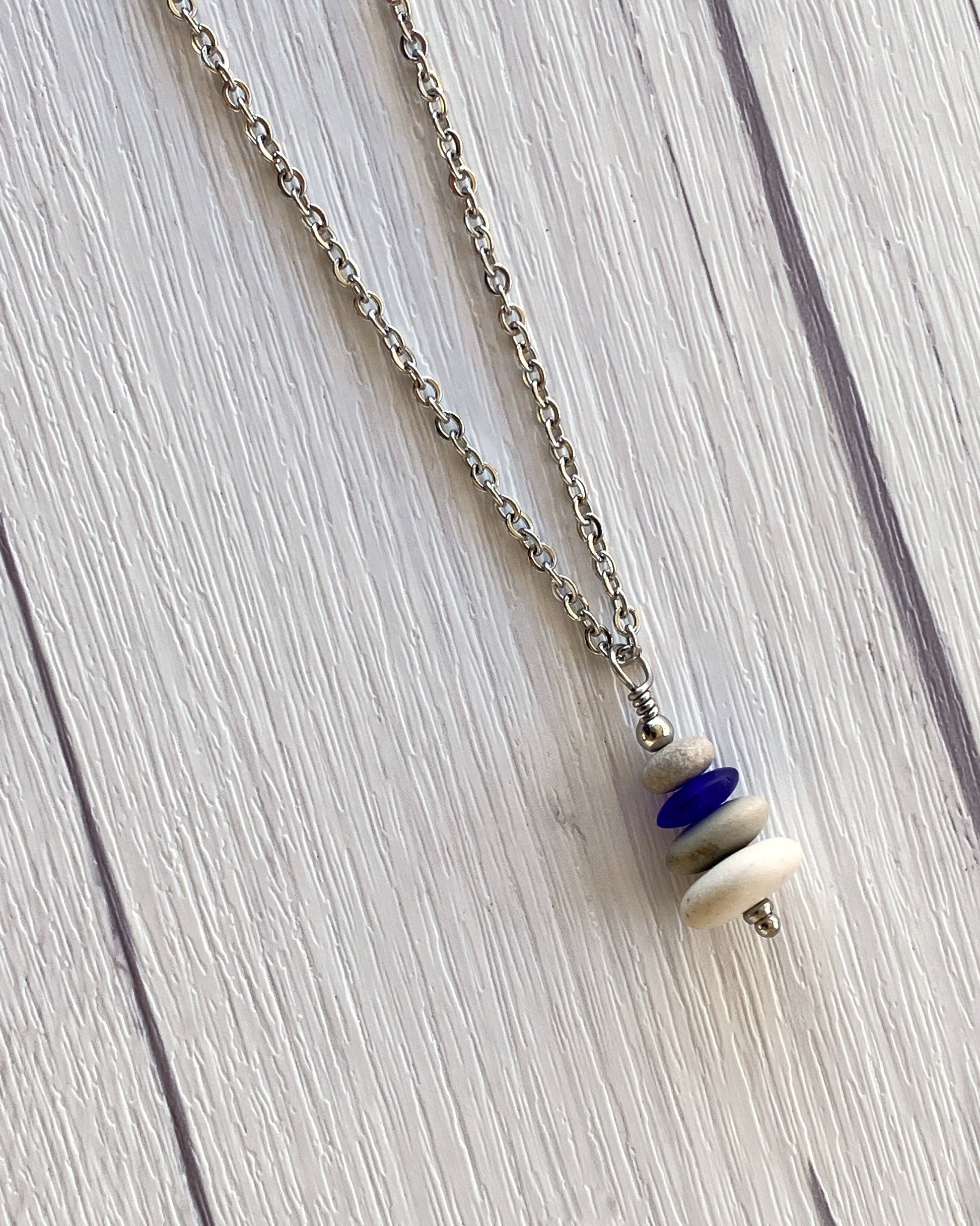 4 Stone Beige & Blue Flat Pebble Cairn Necklace - Blue Glass Pebble Necklace - Stainless Steel Beach Stone Necklace - Stacked Rock Necklace
