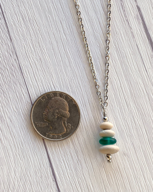 4 Stone Beige & Green Flat Pebble Cairn Necklace - Green Glass Pebble Necklace - Stainless Steel Beach Stone Necklace -Stacked Rock Necklace