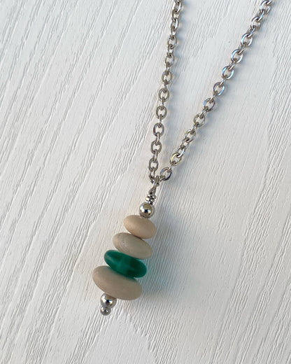 4 Stone Beige & Green Flat Pebble Cairn Necklace - Green Glass Pebble Necklace - Stainless Steel Beach Stone Necklace -Stacked Rock Necklace