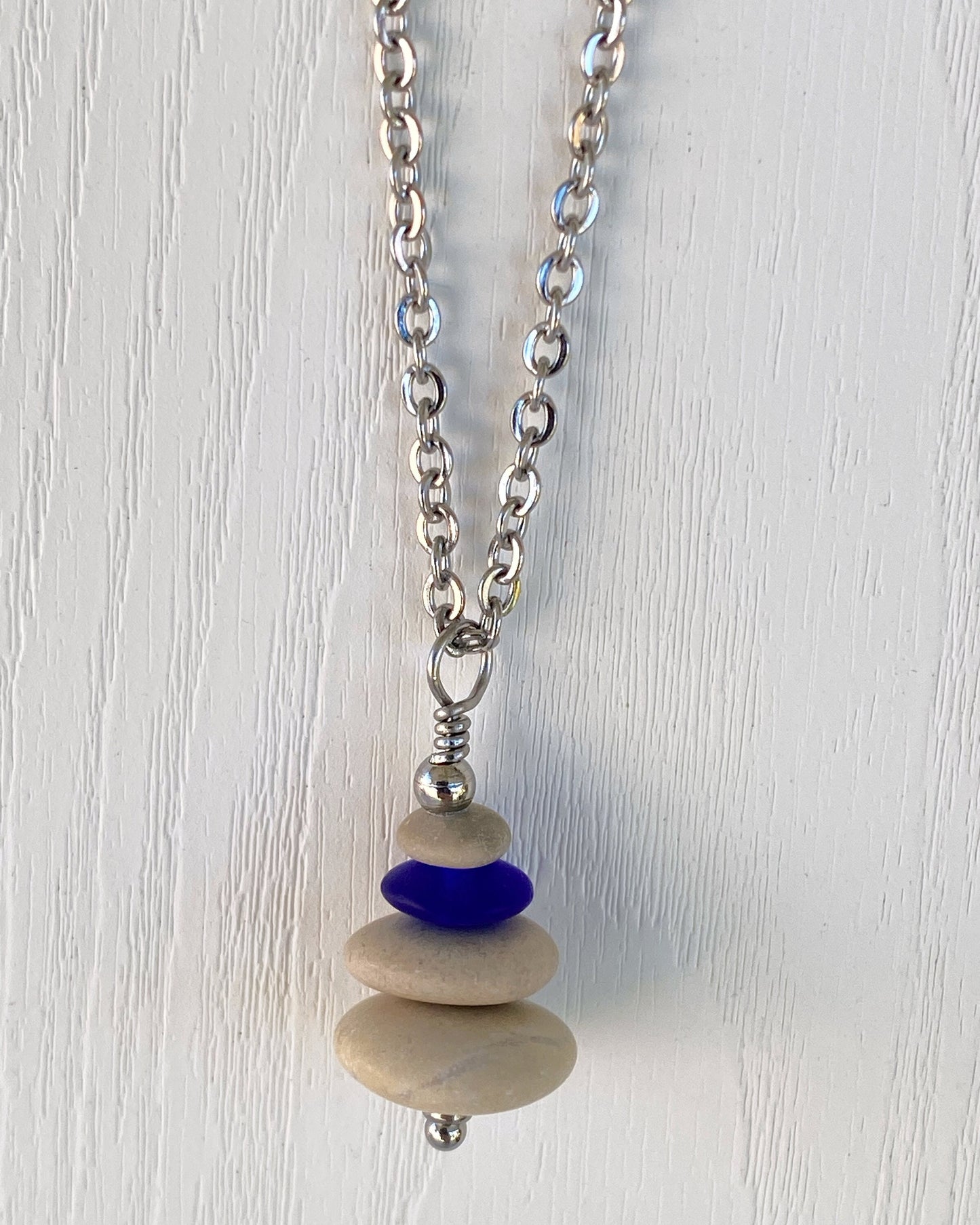 4 Stone Beige & Blue Flat Pebble Cairn Necklace - Blue Glass Pebble Necklace - Stainless Steel Beach Stone Necklace - Stacked Rock Necklace