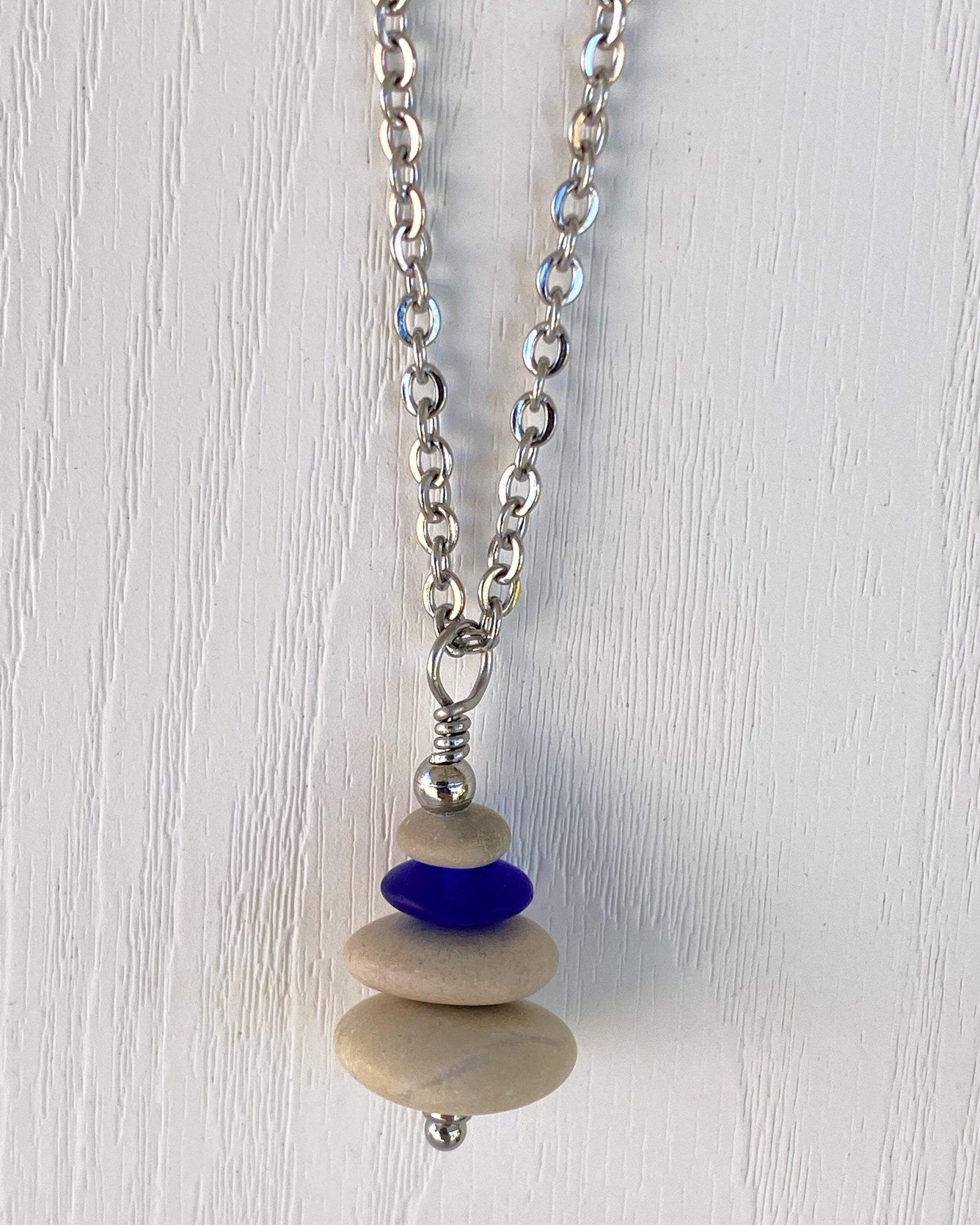 4 Stone Beige & Blue Flat Pebble Cairn Necklace - Blue Glass Pebble Necklace - Stainless Steel Beach Stone Necklace - Stacked Rock Necklace