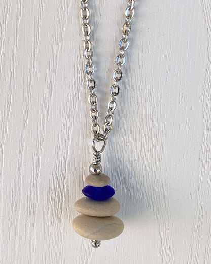 4 Stone Beige & Blue Flat Pebble Cairn Necklace - Blue Glass Pebble Necklace - Stainless Steel Beach Stone Necklace - Stacked Rock Necklace