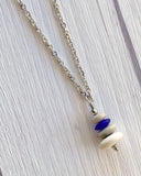 4 Stone Beige & Blue Flat Pebble Cairn Necklace - Blue Glass Pebble Necklace - Stainless Steel Beach Stone Necklace - Stacked Rock Necklace
