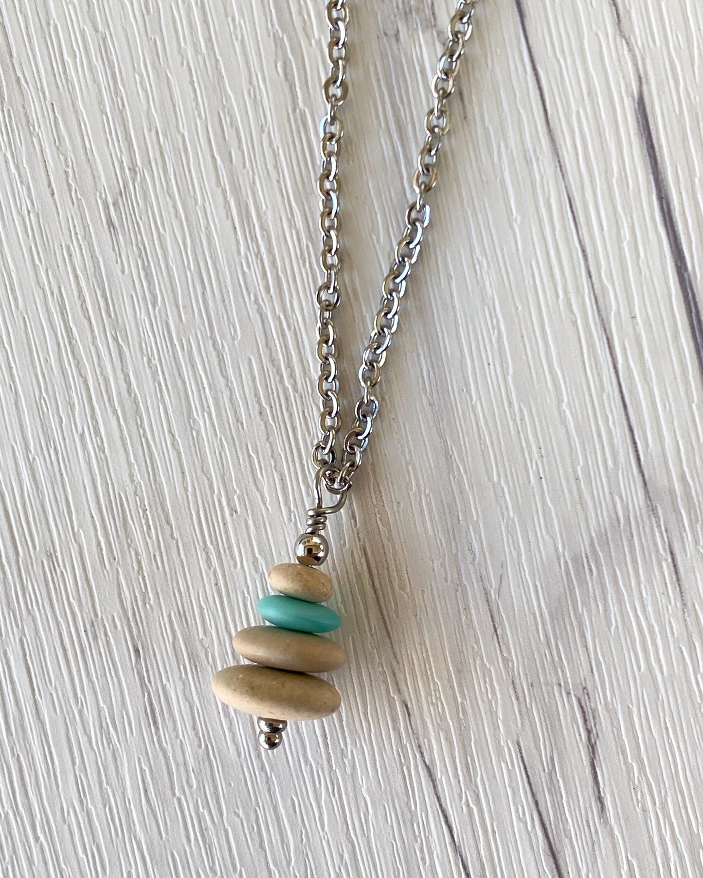 4 Stone Turquoise & Beige Flat Pebble Cairn Necklace - Aqua Glass Necklace - Stainless Steel Beach Stone Necklace - Stacked Rock Necklace