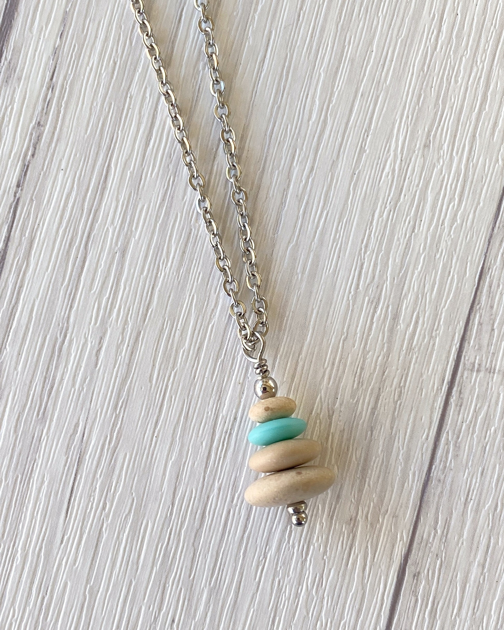 4 Stone Turquoise & Beige Flat Pebble Cairn Necklace - Aqua Glass Necklace - Stainless Steel Beach Stone Necklace - Stacked Rock Necklace