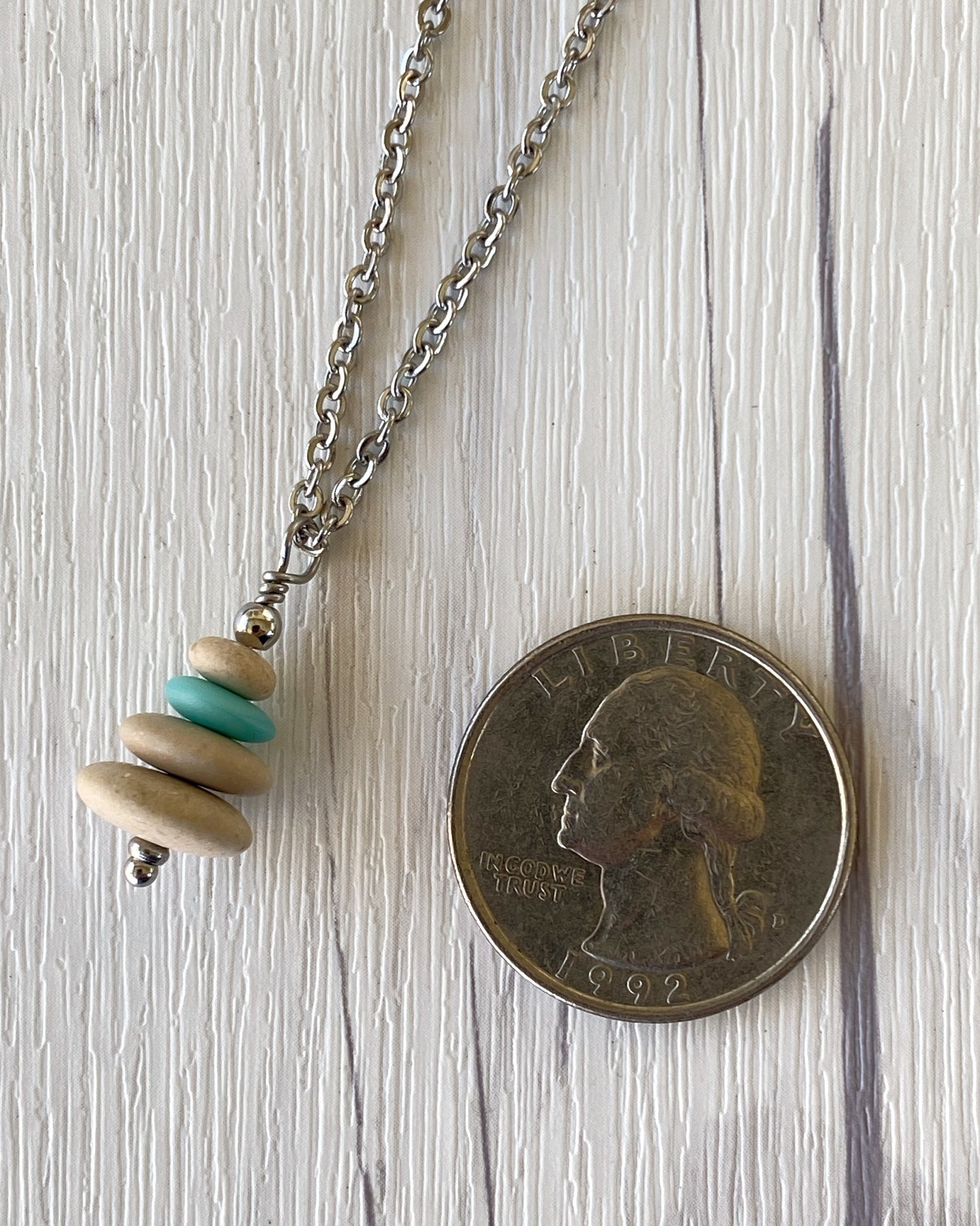 4 Stone Turquoise & Beige Flat Pebble Cairn Necklace - Aqua Glass Necklace - Stainless Steel Beach Stone Necklace - Stacked Rock Necklace