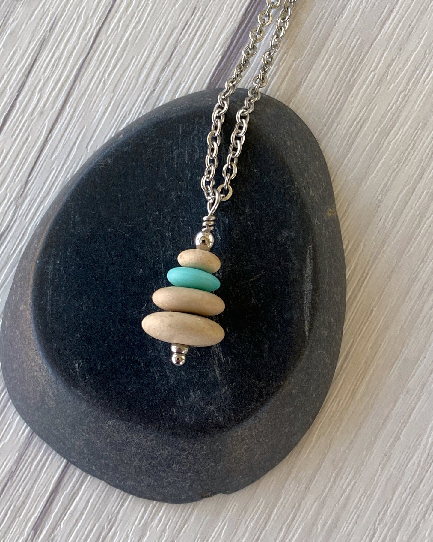 4 Stone Turquoise & Beige Flat Pebble Cairn Necklace - Aqua Glass Necklace - Stainless Steel Beach Stone Necklace - Stacked Rock Necklace