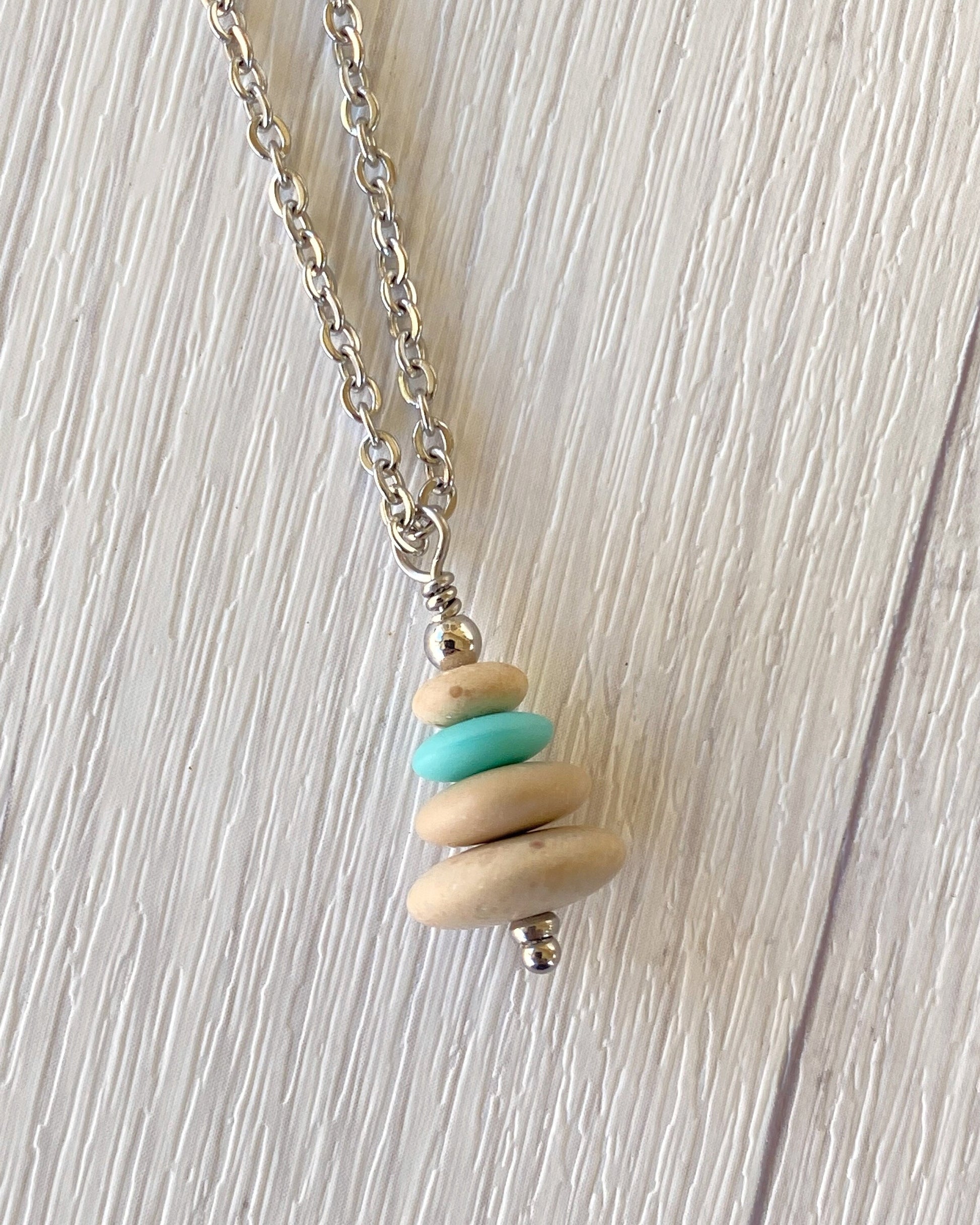 4 Stone Turquoise & Beige Flat Pebble Cairn Necklace - Aqua Glass Necklace - Stainless Steel Beach Stone Necklace - Stacked Rock Necklace