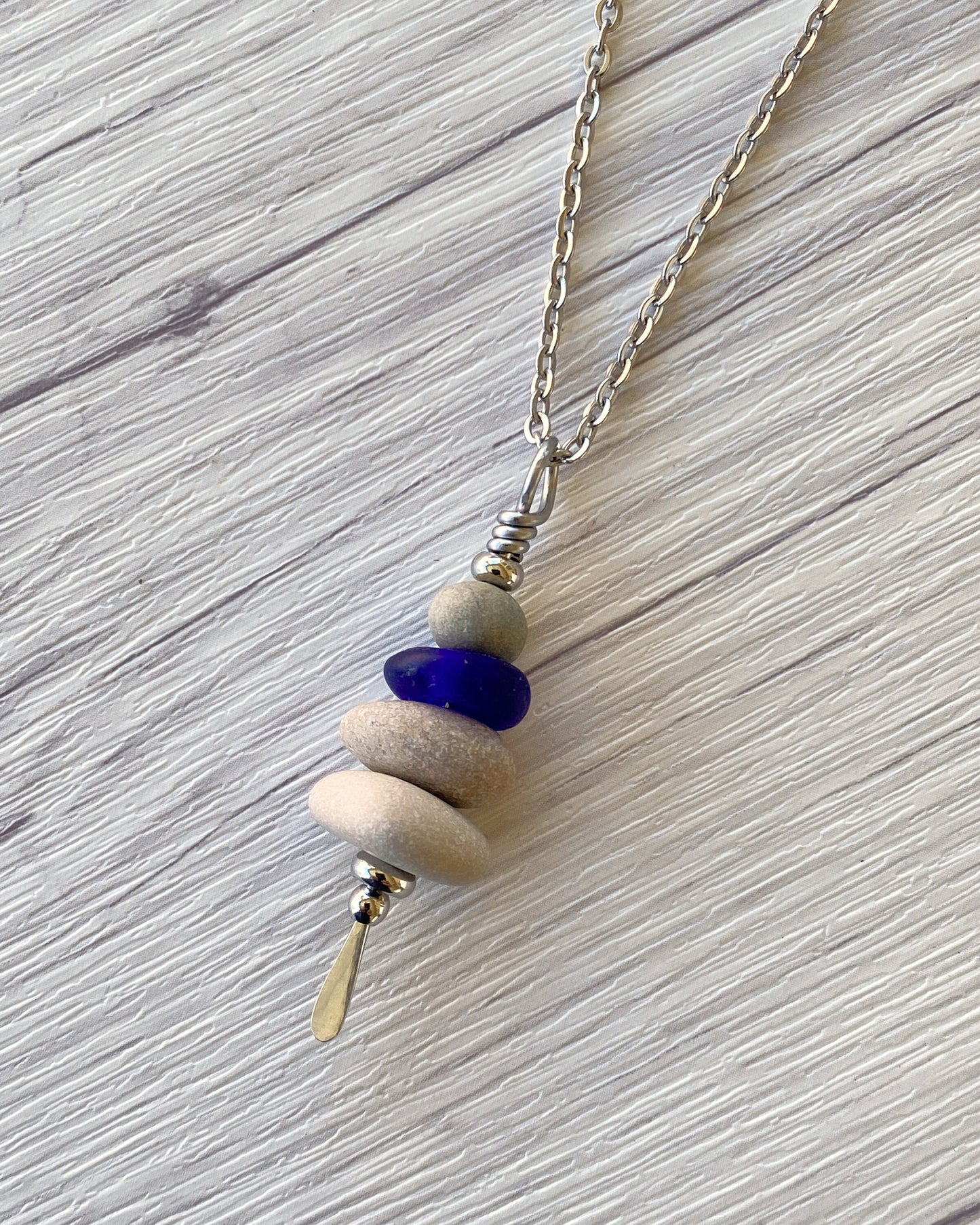 4 Stone Rustic Glass & Beige Stone Large Cairn Necklace - Stainless Steel Beach Stone Necklace - Cairn Pendant - Stacked Rock Necklace