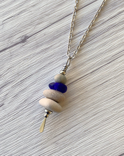 4 Stone Rustic Glass & Beige Stone Large Cairn Necklace - Stainless Steel Beach Stone Necklace - Cairn Pendant - Stacked Rock Necklace