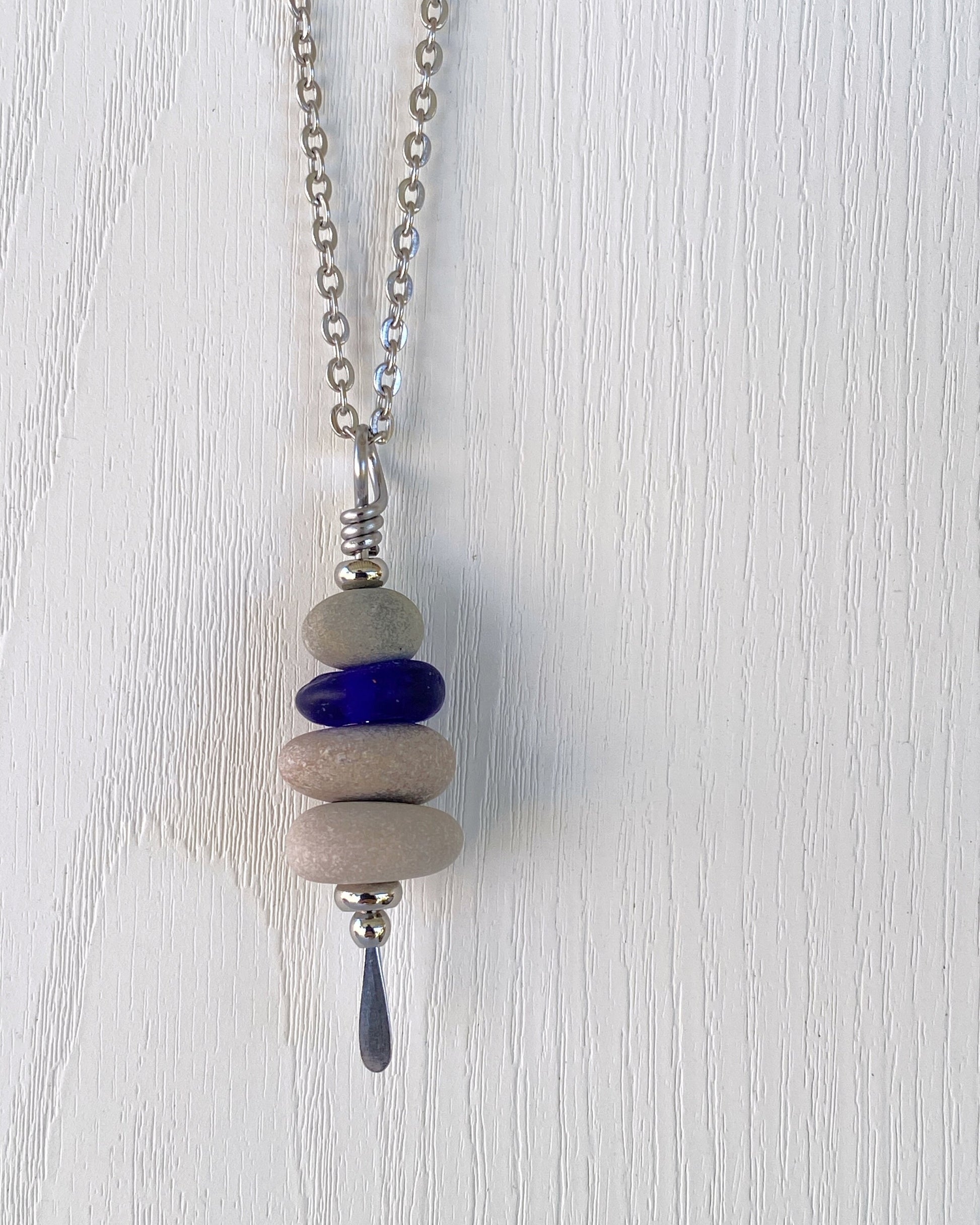 4 Stone Rustic Glass & Beige Stone Large Cairn Necklace - Stainless Steel Beach Stone Necklace - Cairn Pendant - Stacked Rock Necklace